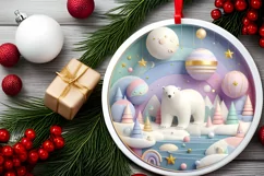 Colorful Polar Bear Winter Scene Round Ornament Sublimation Product Image 2