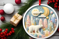 Colorful Polar Bear Winter Scene Round Ornament Sublimation Product Image 2