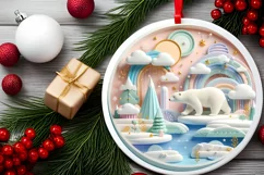 Colorful Polar Bear Winter Scene Round Ornament Sublimation Product Image 2