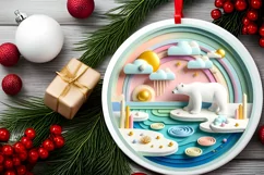 Colorful Polar Bear Winter Scene Round Ornament Sublimation Product Image 2