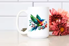 Abstract Vibrant Bird with Plant Leaves and 3D Flowers, PNG Product Image 2