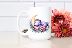 Vibrant Watercolor Hippo Sleeping on the Moon with Flowers Product Image 2