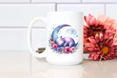 Vibrant Watercolor Hippo Sleeping on the Moon with Flowers Product Image 2