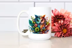 Abstract Vibrant Owl with Plant Leaves and 3D Flowers, PNG Product Image 2