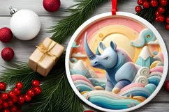 Colorful Rhino Winter Scene Round Ornament Sublimation PNG Product Image 1