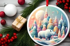 Colorful Rhino Winter Scene Round Ornament Sublimation PNG Product Image 2