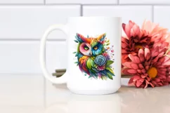 Abstract Vibrant Owl with Plant Leaves and 3D Flowers, PNG Product Image 2