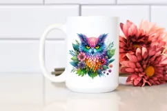 Abstract Vibrant Owl with Plant Leaves and 3D Flowers, PNG Product Image 2