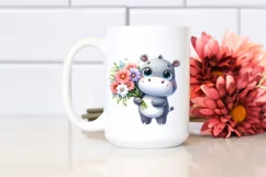 Cute Hippo Carrying Large Flower Bouquet | Clipart Product Image 2