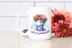 Cute Baby Hippo Sitting on Cloud with Flower Crown PNG Product Image 2