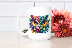 Abstract Vibrant Owl with Plant Leaves and 3D Flowers, PNG Product Image 2
