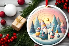 Colorful Winter Gnomes Christmas Scene Round Ornament Product Image 1