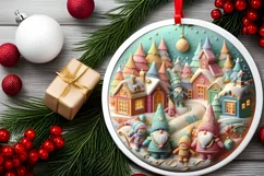 Colorful Winter Gnomes Christmas Scene Round Ornament Product Image 2