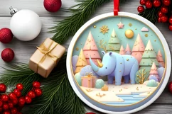 Colorful Rhino Winter Scene Round Ornament Sublimation PNG Product Image 2