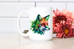 Vibrant Watercolor Fox with Plant Leaves, PNG Product Image 2
