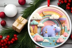 Colorful Hippo Winter Scene Round Ornament Sublimation PNG Product Image 1