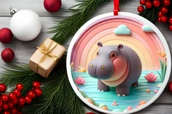 Colorful Hippo Winter Scene Round Ornament Sublimation PNG Product Image 2