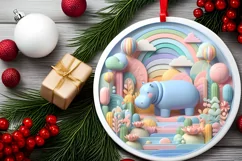 Colorful Hippo Winter Scene Round Ornament Sublimation PNG Product Image 2