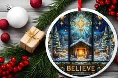 Believe Stained Glass Christmas Round Ornament Product Image 1