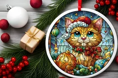 Stained Glass Christmas Cat Round Ornament Sublimation Product Image 2