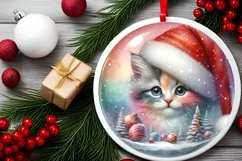 Colorful Winter Kitten Portrait Santa Hat Round Ornament Product Image 2
