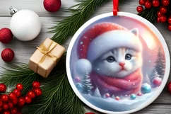 Colorful Winter Kitten Portrait Santa Hat Round Ornament Product Image 2