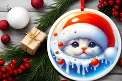 Winter Kitten Portrait Santa Hat Round Ornament Sublimation Product Image 2