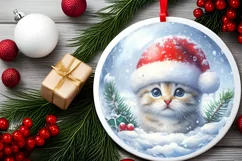 Winter Kitten Portrait Santa Hat Round Ornament Sublimation Product Image 2