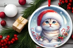 Winter Kitten Portrait Santa Hat Round Ornament Sublimation Product Image 2
