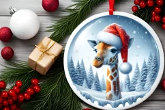 Colorful Winter Giraffe Portrait Santa Hat Round Ornament Product Image 1