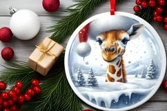 Colorful Winter Giraffe Portrait Santa Hat Round Ornament Product Image 2