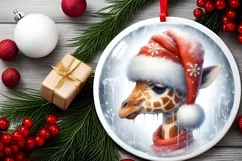 Colorful Winter Giraffe Portrait Santa Hat Round Ornament Product Image 2