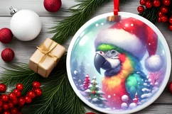 Colorful Winter Parrot Portrait Santa Hat Round Ornament Product Image 1