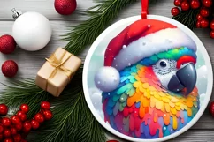 Colorful Winter Parrot Portrait Santa Hat Round Ornament Product Image 2