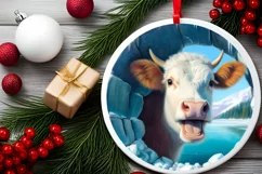 Icy Wall Cow Smiling Round Ornament Christmas Winter PNG Product Image 2