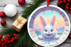 Icy Wall Rabbit Smiling Round Ornament Christmas Winter PNG Product Image 2