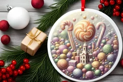 Pastel Christmas Scene Candy Round Ornament Sublimation PNG Product Image 2