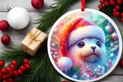 Round Winter Scene with Seal and Santa Hat PNG Product Image 2