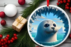 Icy Wall Seal Smiling Round Ornament Christmas Winter PNG Product Image 2