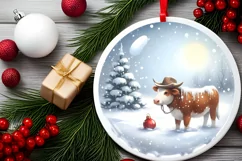 Cow Boy Winter Scene Round Ornament Sublimation PNG Product Image 2