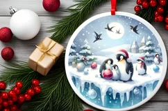Melting Winter Scene Penguins Round Ornament Sublimation PNG Product Image 2
