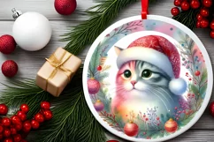 Colorful Watercolor Christmas Cat Round Sticker Product Image 2