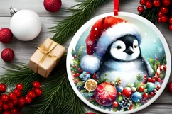 Watercolor Christmas Penguin Ornament Sublimation PNG Product Image 2