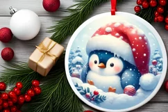 Penguin Santa Hat 3D Round Pastel Watercolor Sublimation PNG Product Image 1