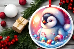 Penguin Santa Hat 3D Round Pastel Watercolor Sublimation PNG Product Image 1