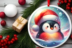 Penguin Santa Hat 3D Round Pastel Watercolor Sublimation PNG Product Image 1