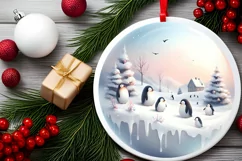 Round Winter Scene with Penguins Ornament PNG Product Image 2