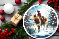Winter Scene with Cowboy Round Ornament Sublimation PNG Product Image 2