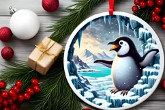 Icy Wall Penguin Round Ornament PNG Product Image 2