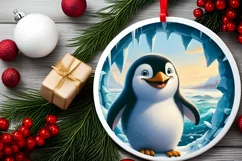 Icy Wall Penguin Round Ornament PNG Product Image 2